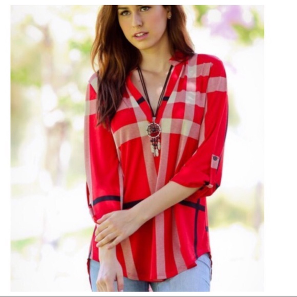 ✨LAST ONE ✨Red plaid rolled sleeves tunic - Picture 4 of 7